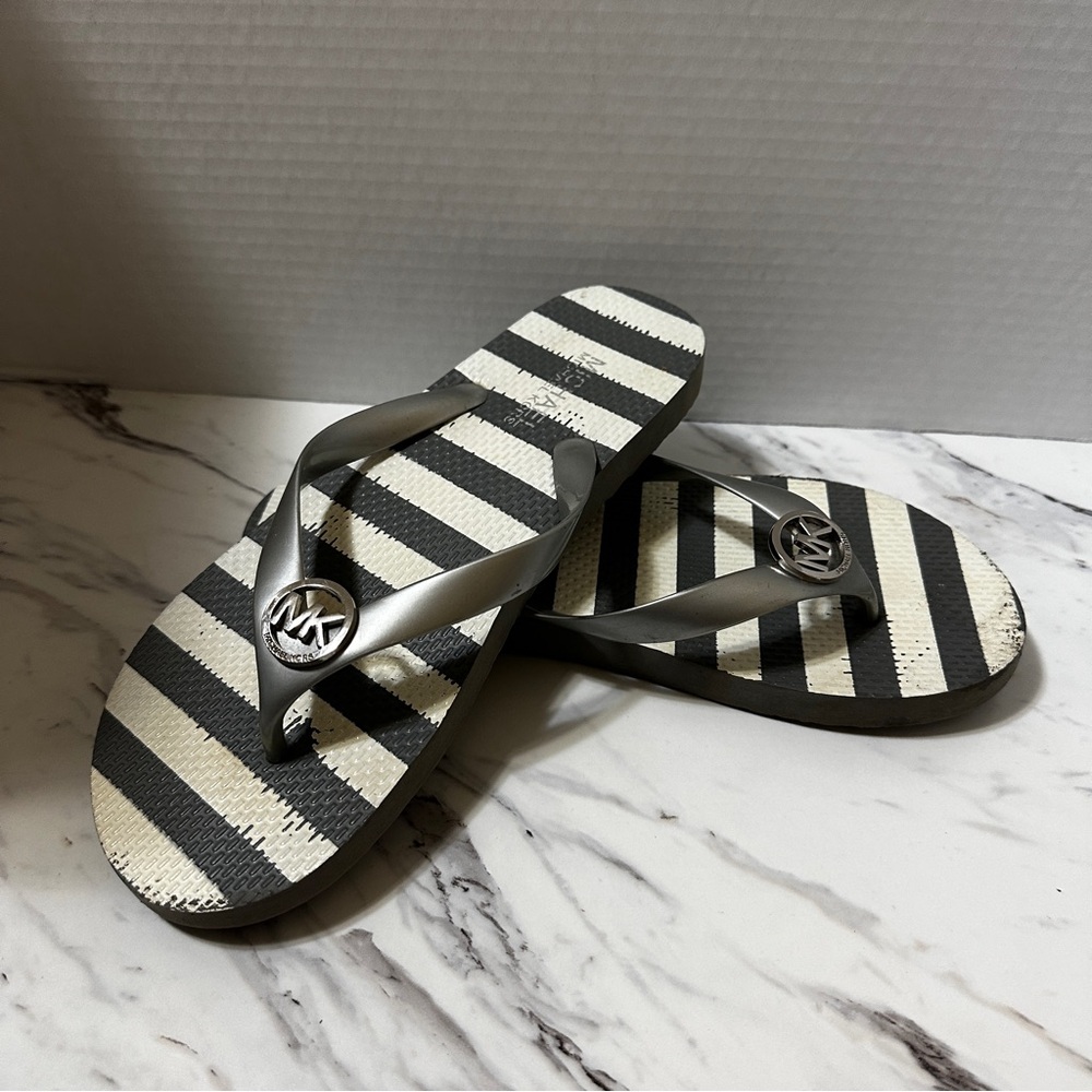 Michael Kors Silver and Black Striped Flip Flops